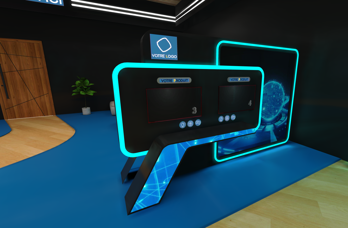 Showroom virtuel avec bornes produits et double écran de présentation